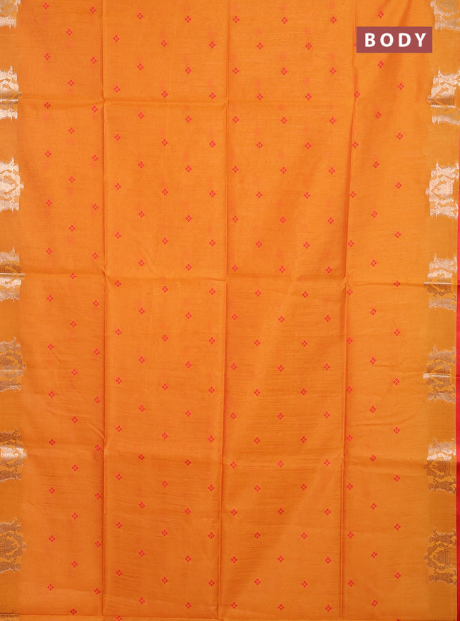 Semi dupion saree sunset orange and red with allover bandhani thread woven buttas and zari woven butta border