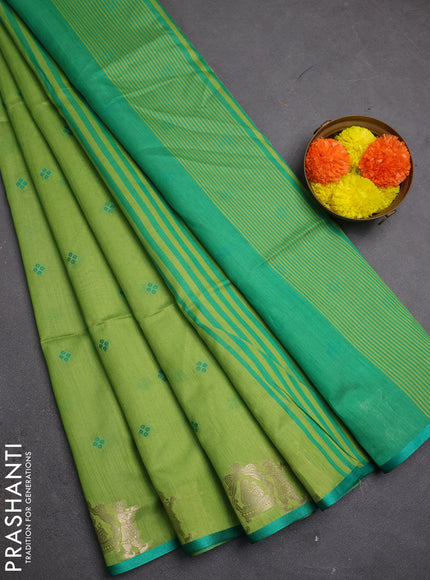 Semi dupion saree light green and teal green with allover bandhani thread woven buttas and zari woven butta border