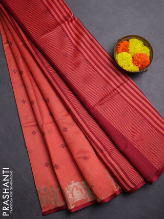 Semi dupion saree peach orange and maroon with allover bandhani thread woven buttas and zari woven butta border