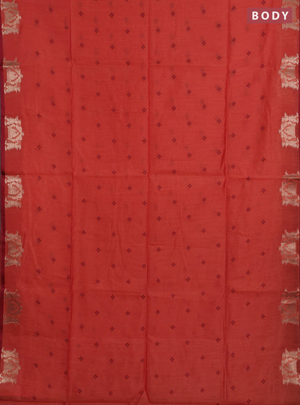 Semi dupion saree peach orange and maroon with allover bandhani thread woven buttas and zari woven butta border