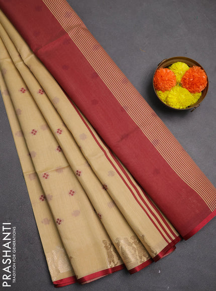 Semi dupion saree beige and maroon with allover bandhani thread woven buttas and zari woven butta border