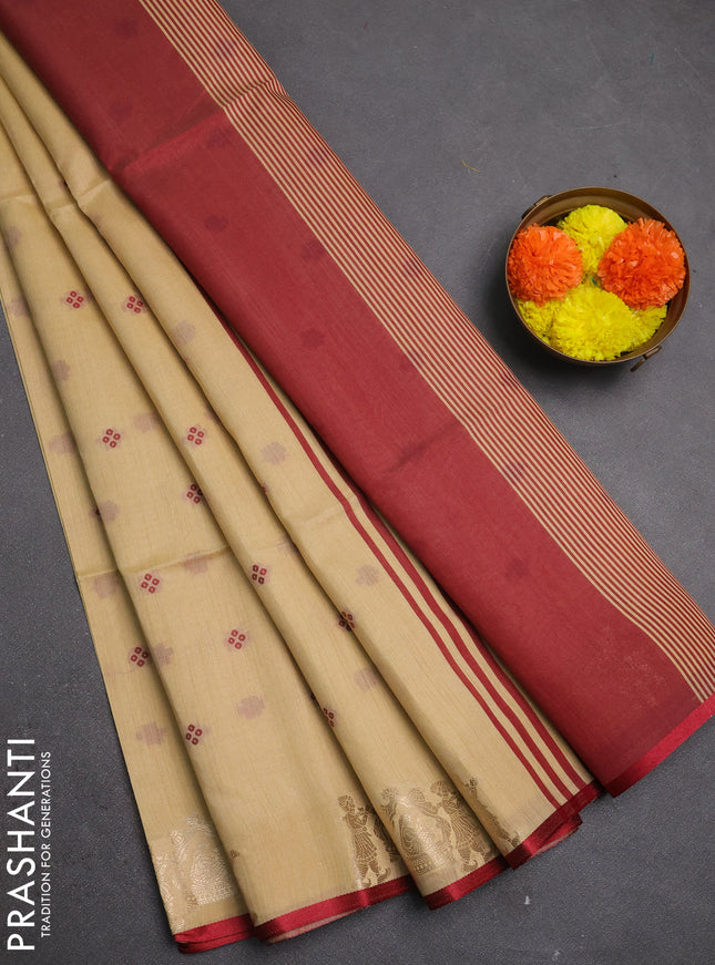 Semi dupion saree beige and maroon with allover bandhani thread woven buttas and zari woven butta border