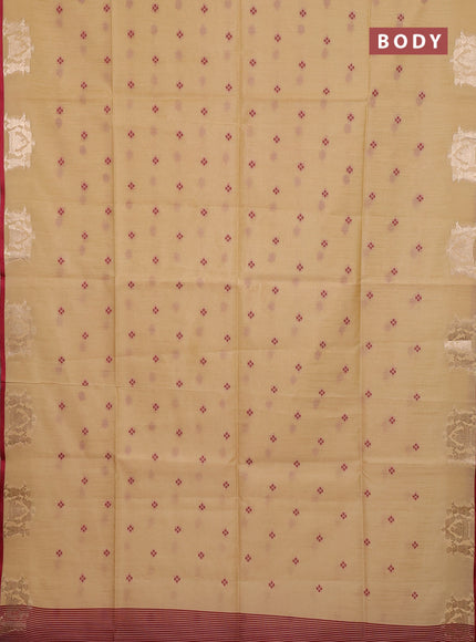Semi dupion saree beige and maroon with allover bandhani thread woven buttas and zari woven butta border