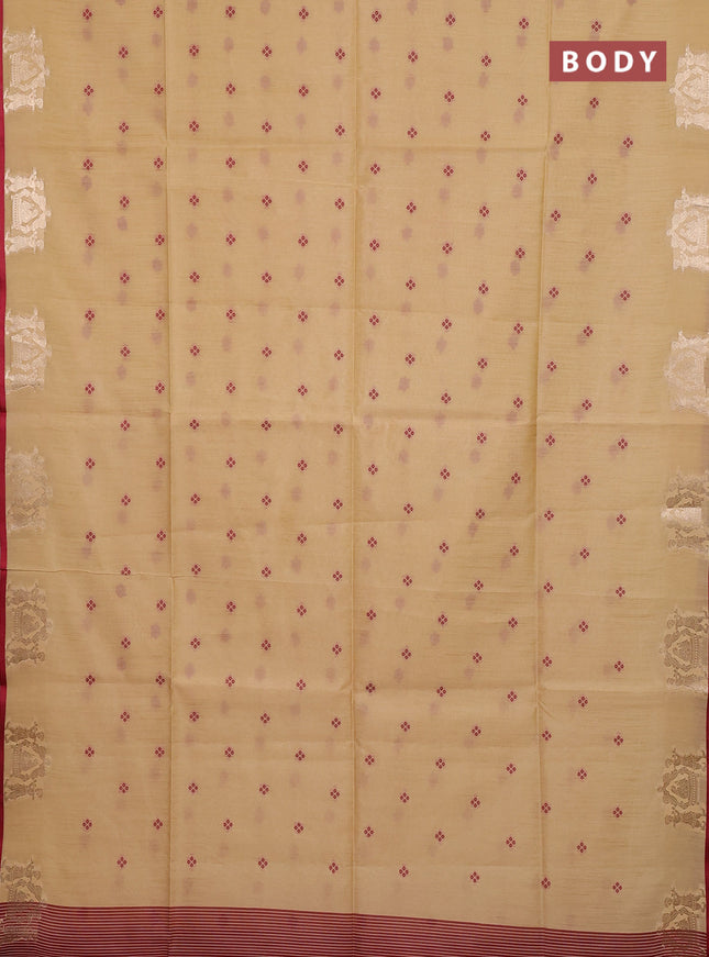 Semi dupion saree beige and maroon with allover bandhani thread woven buttas and zari woven butta border