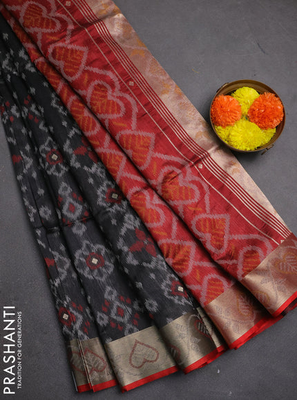 Semi dupion saree black and maroon with allover thread weaves pattern and zari woven border