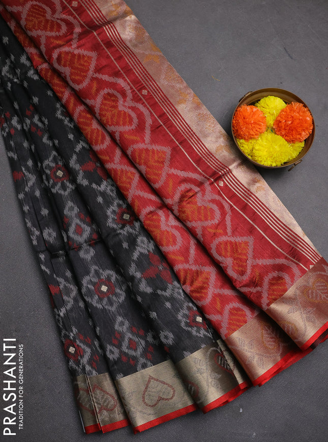 Semi dupion saree black and maroon with allover thread weaves pattern and zari woven border