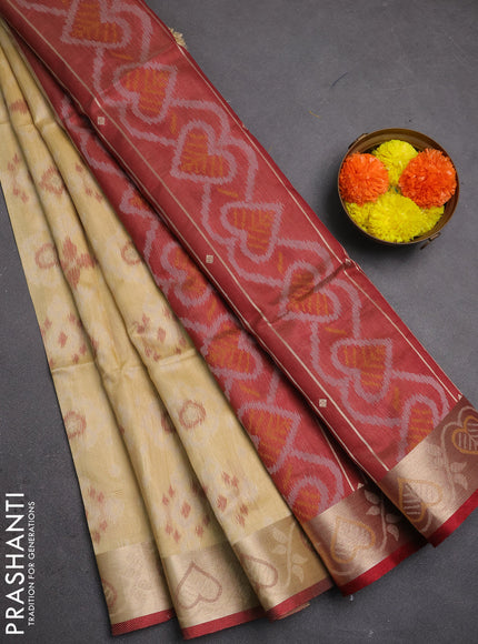 Semi dupion saree beige and maroon with allover thread weaves pattern and zari woven border