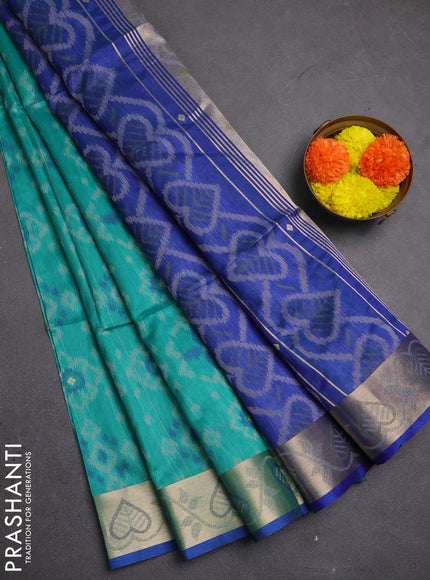 Semi dupion saree teal green and blue with allover thread weaves pattern and zari woven border