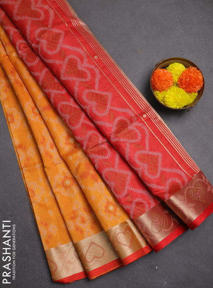 Semi dupion saree sunset orange and red with allover thread weaves pattern and zari woven border