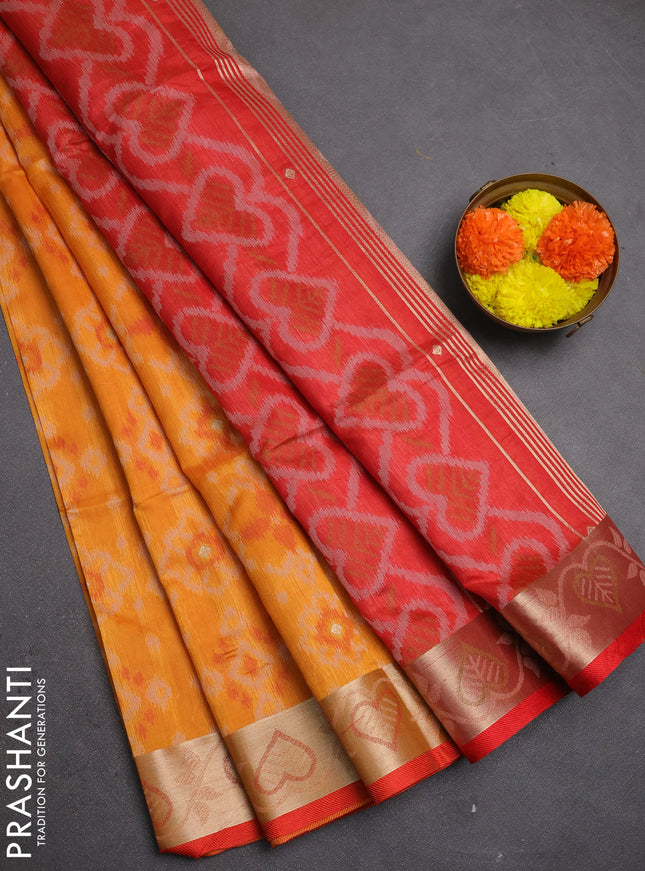 Semi dupion saree sunset orange and red with allover thread weaves pattern and zari woven border