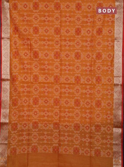 Semi dupion saree sunset orange and red with allover thread weaves pattern and zari woven border