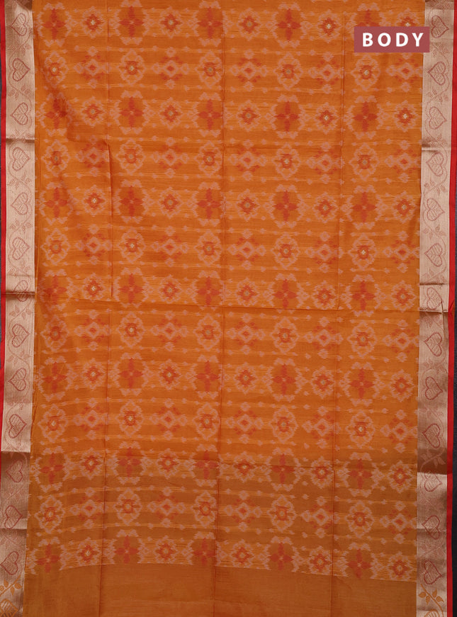 Semi dupion saree sunset orange and red with allover thread weaves pattern and zari woven border