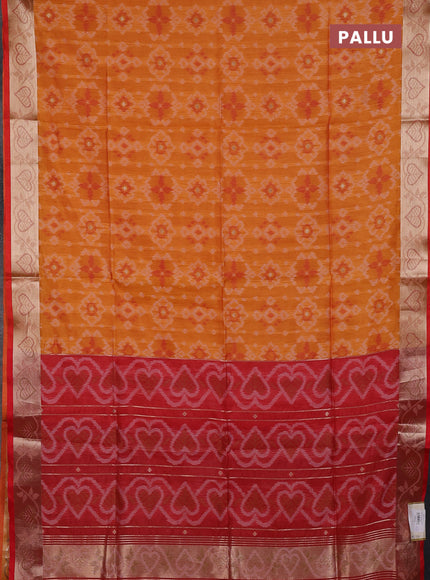 Semi dupion saree sunset orange and red with allover thread weaves pattern and zari woven border