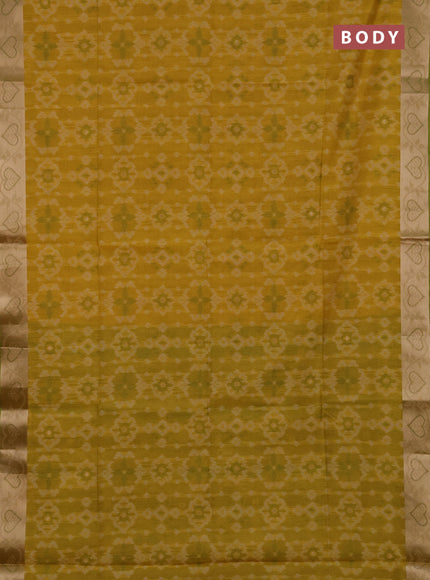 Semi dupion saree mustard yellow and light green with allover thread weaves pattern and zari woven border