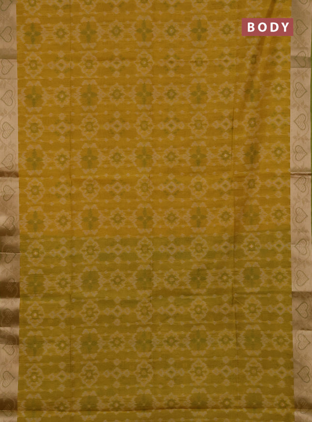 Semi dupion saree mustard yellow and light green with allover thread weaves pattern and zari woven border