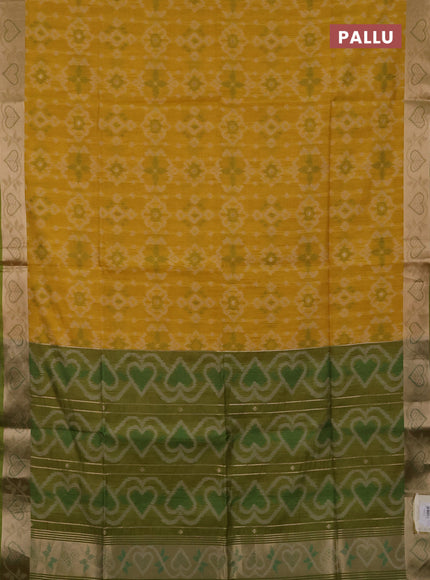 Semi dupion saree mustard yellow and light green with allover thread weaves pattern and zari woven border