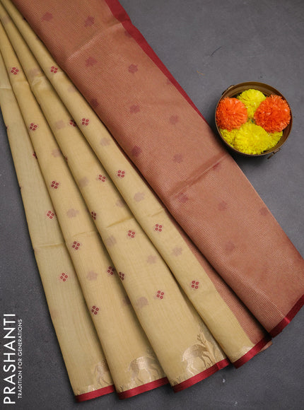 Semi dupion saree beige and maroon with allover bandhani thread woven buttas and zari woven butta border