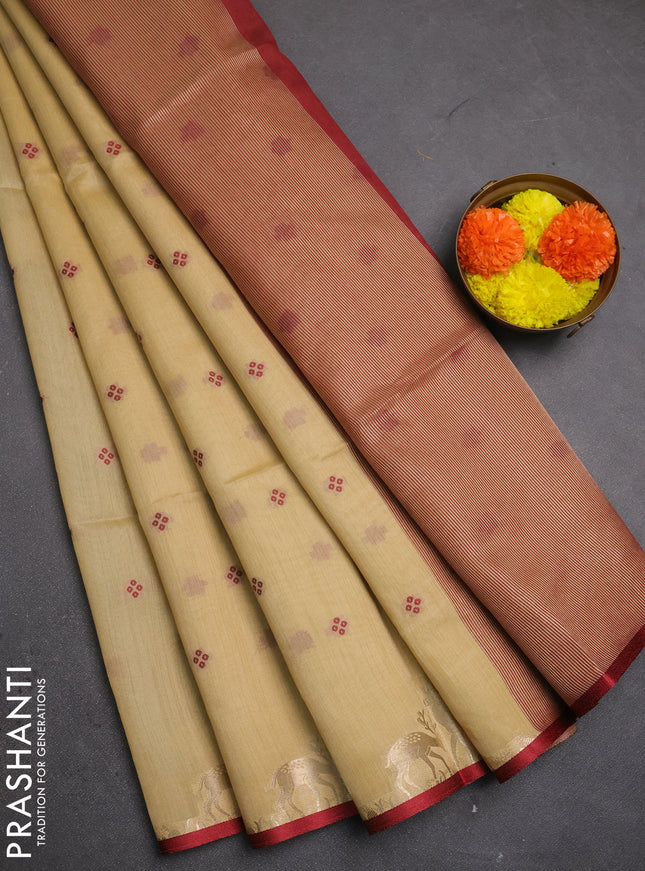 Semi dupion saree beige and maroon with allover bandhani thread woven buttas and zari woven butta border