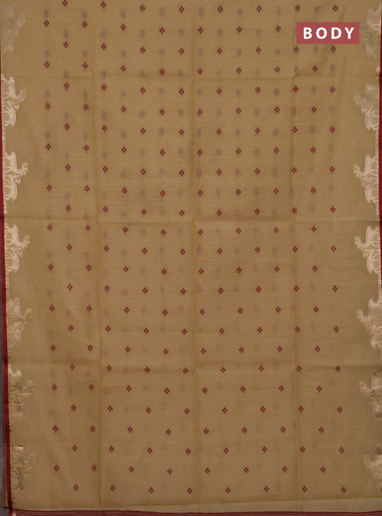 Semi dupion saree beige and maroon with allover bandhani thread woven buttas and zari woven butta border