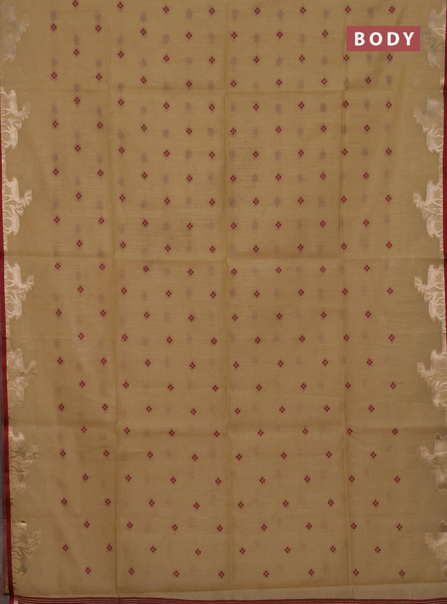 Semi dupion saree beige and maroon with allover bandhani thread woven buttas and zari woven butta border