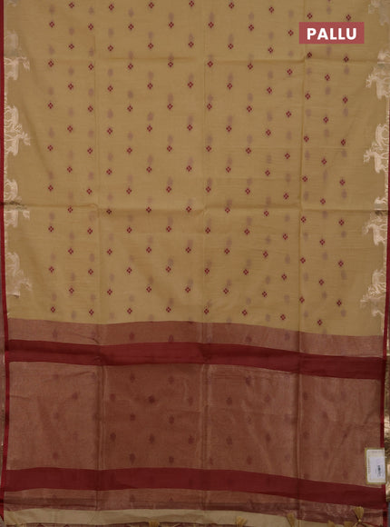 Semi dupion saree beige and maroon with allover bandhani thread woven buttas and zari woven butta border