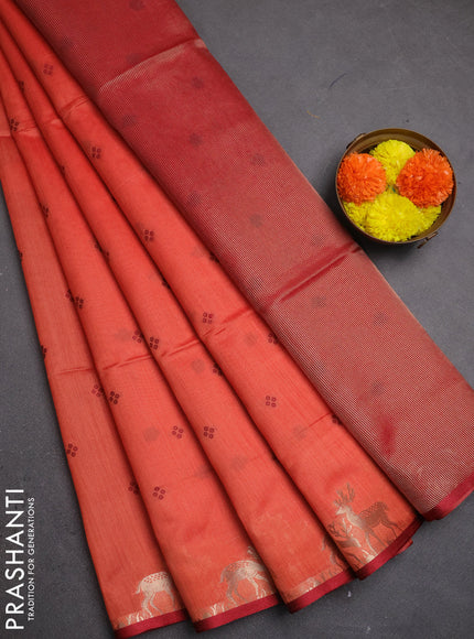 Semi dupion saree peach orange and maroon with allover bandhani thread woven buttas and zari woven butta border