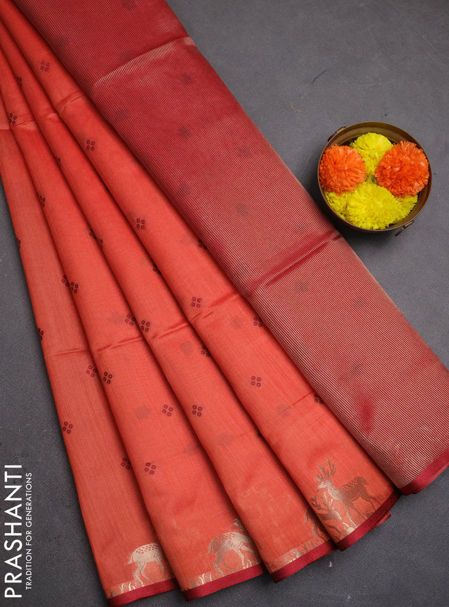 Semi dupion saree peach orange and maroon with allover bandhani thread woven buttas and zari woven butta border