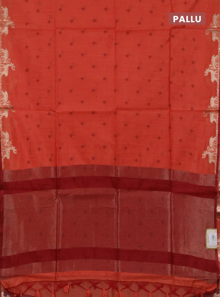 Semi dupion saree peach orange and maroon with allover bandhani thread woven buttas and zari woven butta border