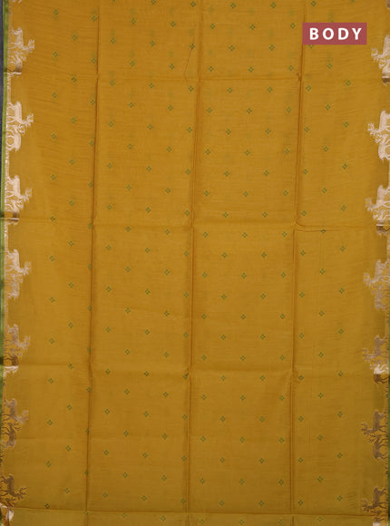 Semi dupion saree mustard yellow and light green with allover bandhani thread woven buttas and zari woven butta border