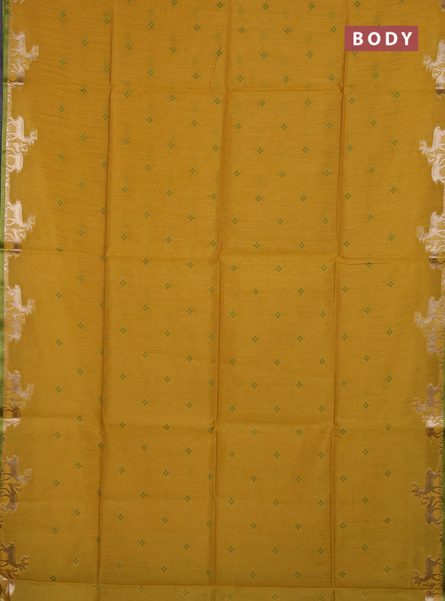 Semi dupion saree mustard yellow and light green with allover bandhani thread woven buttas and zari woven butta border