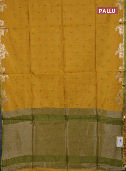 Semi dupion saree mustard yellow and light green with allover bandhani thread woven buttas and zari woven butta border