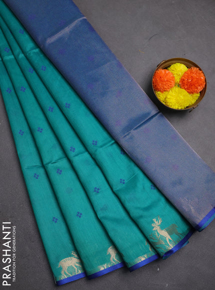 Semi dupion saree teal green and blue with allover bandhani thread woven buttas and zari woven butta border