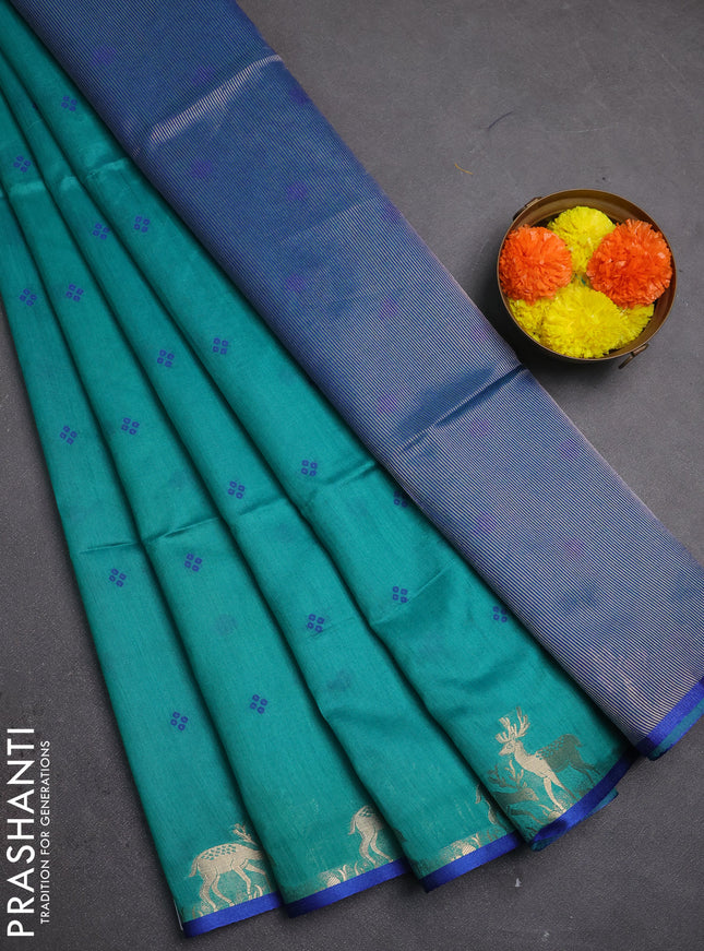 Semi dupion saree teal green and blue with allover bandhani thread woven buttas and zari woven butta border