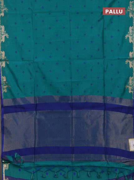 Semi dupion saree teal green and blue with allover bandhani thread woven buttas and zari woven butta border