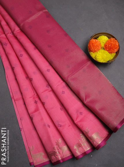 Semi dupion saree peach pink and magenta pink with allover bandhani thread woven buttas and zari woven butta border