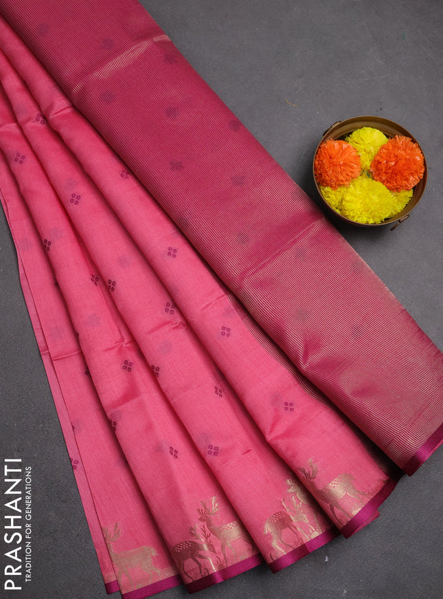 Semi dupion saree peach pink and magenta pink with allover bandhani thread woven buttas and zari woven butta border