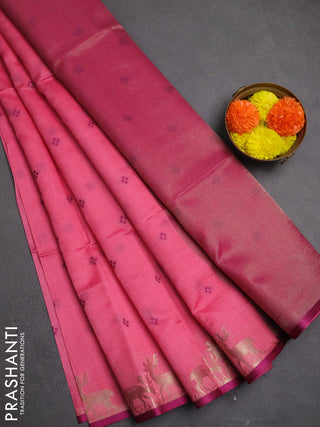 Semi dupion saree peach pink and magenta pink with allover bandhani thread woven buttas and zari woven butta border