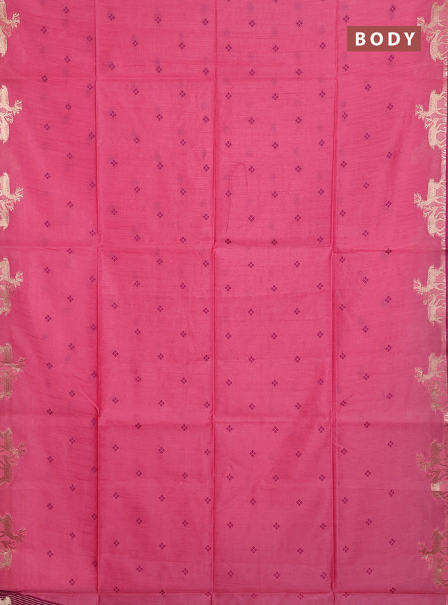 Semi dupion saree peach pink and magenta pink with allover bandhani thread woven buttas and zari woven butta border