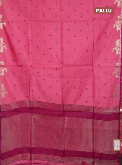 Semi dupion saree peach pink and magenta pink with allover bandhani thread woven buttas and zari woven butta border
