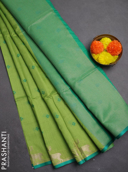 Semi dupion saree light green and teal green with allover bandhani thread woven buttas and zari woven butta border