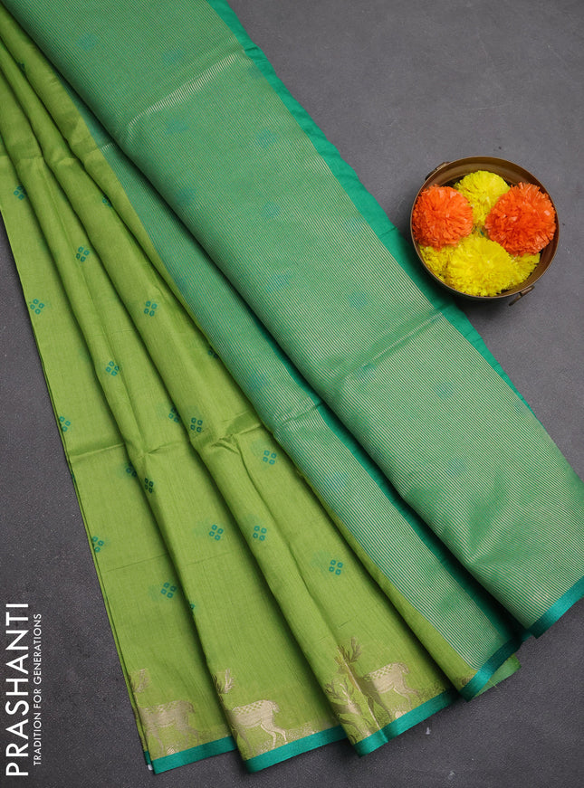 Semi dupion saree light green and teal green with allover bandhani thread woven buttas and zari woven butta border