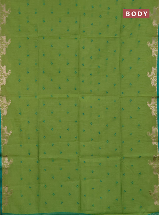 Semi dupion saree light green and teal green with allover bandhani thread woven buttas and zari woven butta border