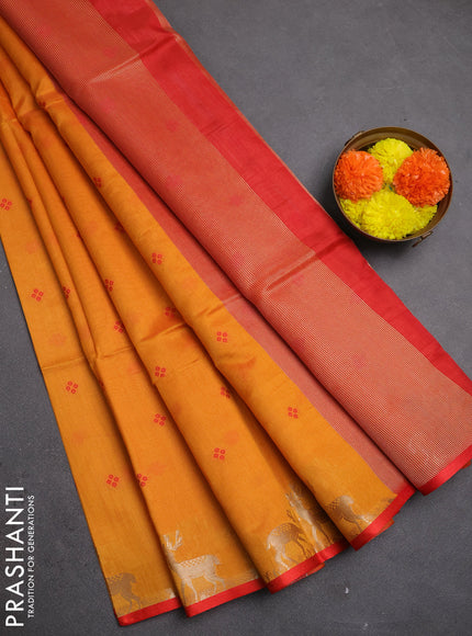 Semi dupion saree sunset orange and red with allover bandhani thread woven buttas and zari woven butta border