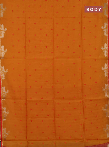 Semi dupion saree sunset orange and red with allover bandhani thread woven buttas and zari woven butta border