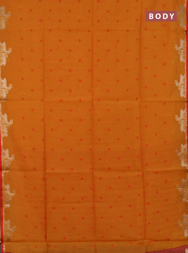 Semi dupion saree sunset orange and red with allover bandhani thread woven buttas and zari woven butta border