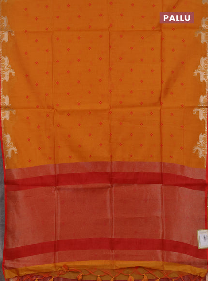 Semi dupion saree sunset orange and red with allover bandhani thread woven buttas and zari woven butta border