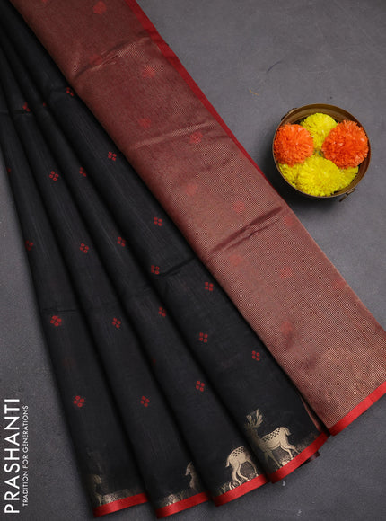 Semi dupion saree black and red with allover bandhani thread woven buttas and zari woven butta border