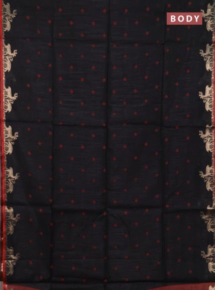 Semi dupion saree black and red with allover bandhani thread woven buttas and zari woven butta border