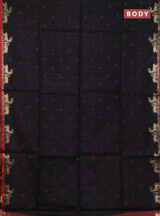 Semi dupion saree black and red with allover bandhani thread woven buttas and zari woven butta border