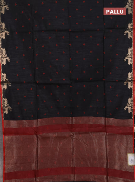 Semi dupion saree black and red with allover bandhani thread woven buttas and zari woven butta border